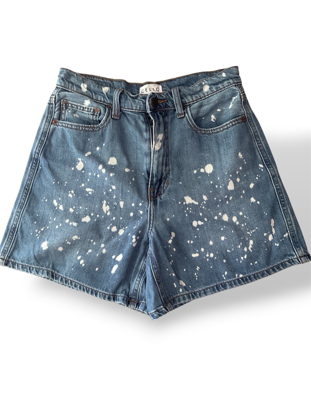Cello Jean women denim Shorts inseam 5 high rise splatter medium wash SMALL